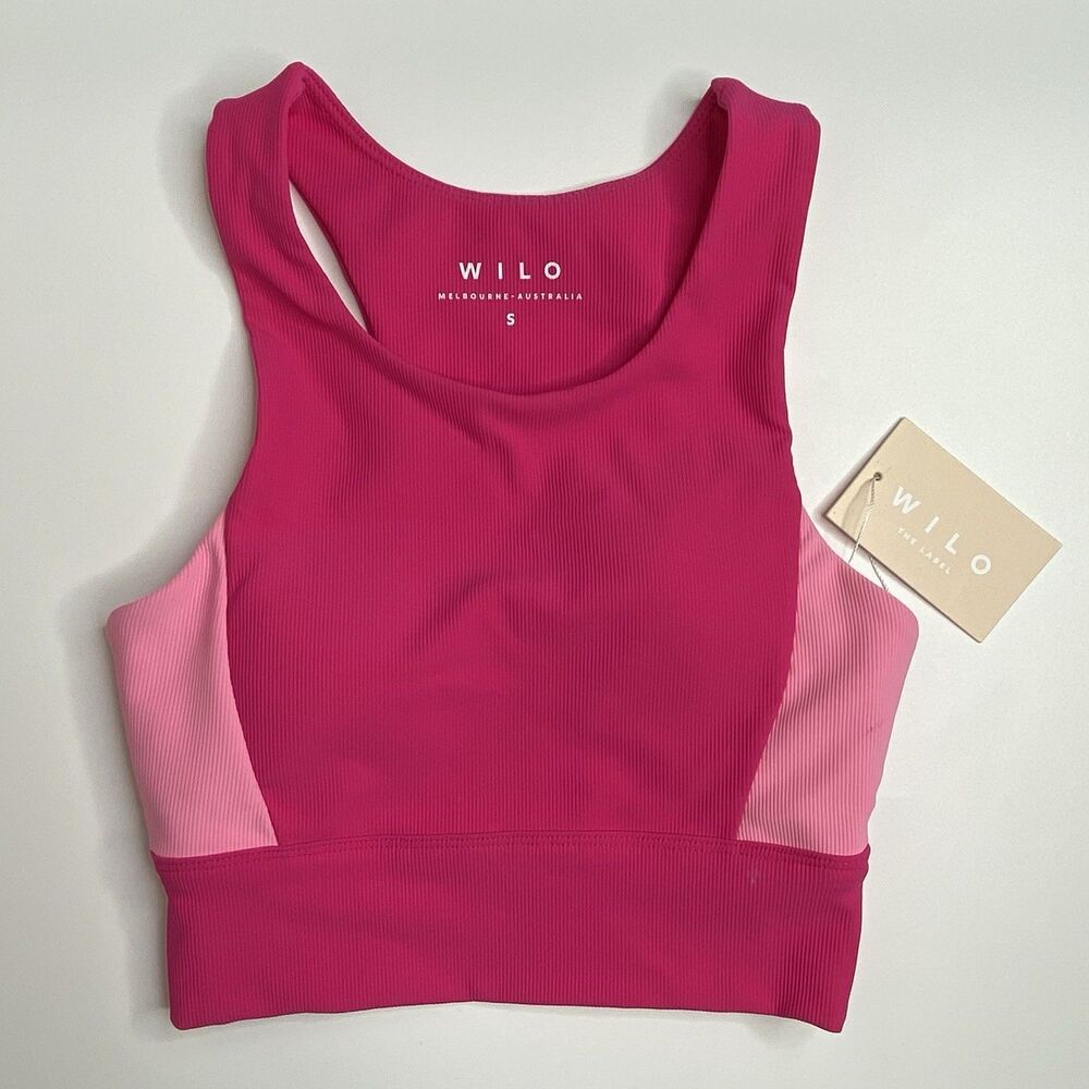 WILO Pink Ribbed Knit Color Block Racerback Keyhole Sports Bra Size Small